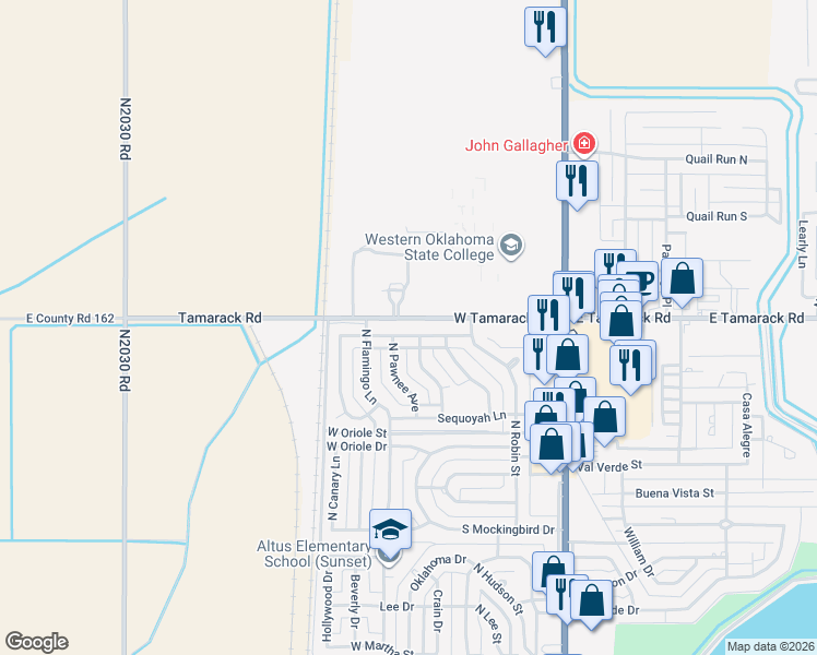 map of restaurants, bars, coffee shops, grocery stores, and more near 609 West Comanche Trail in Altus