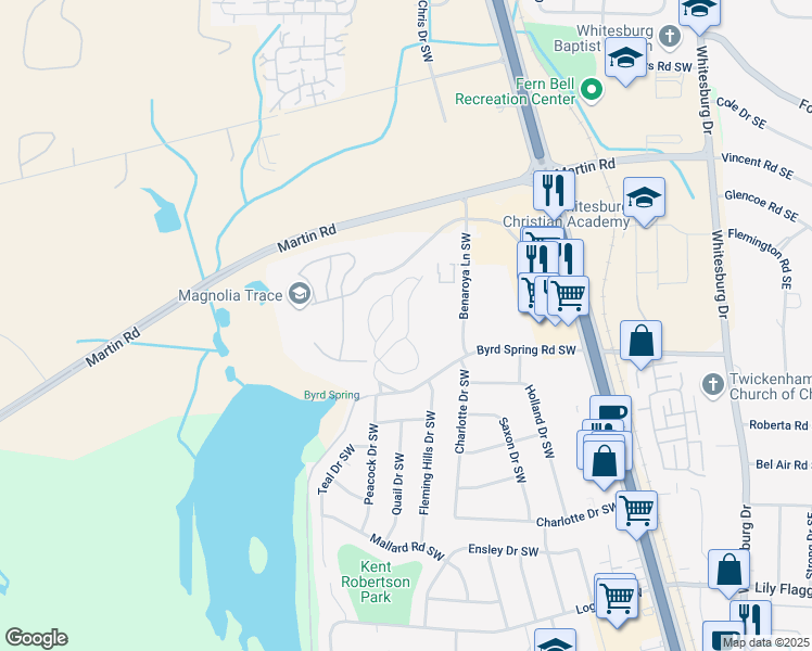 map of restaurants, bars, coffee shops, grocery stores, and more near 2040 Woodlawn Drive Southwest in Huntsville