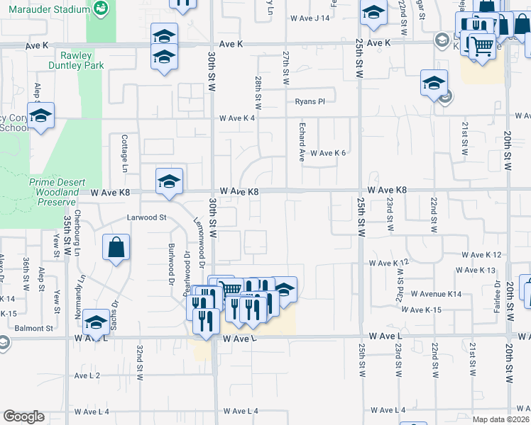 map of restaurants, bars, coffee shops, grocery stores, and more near 43130 28th Street West in Lancaster