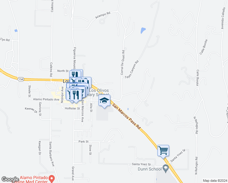 map of restaurants, bars, coffee shops, grocery stores, and more near 2910 California 154 in Los Olivos