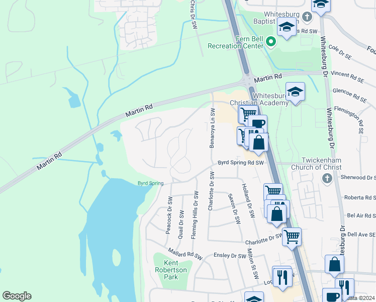 map of restaurants, bars, coffee shops, grocery stores, and more near 2138 Greenwood Place Southwest in Huntsville