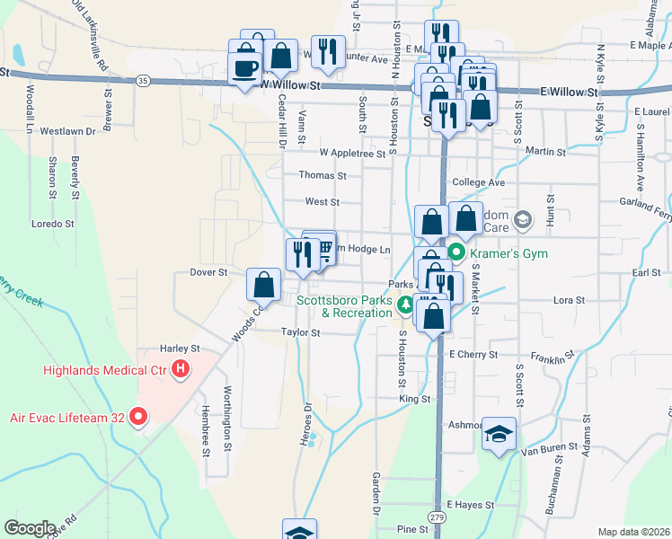 map of restaurants, bars, coffee shops, grocery stores, and more near 311 Hodges Street in Scottsboro