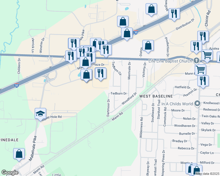 map of restaurants, bars, coffee shops, grocery stores, and more near 8723 Duncan Dr in Little Rock