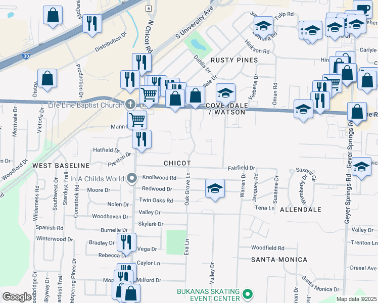 map of restaurants, bars, coffee shops, grocery stores, and more near 2 Conifer Place in Little Rock