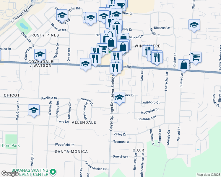 map of restaurants, bars, coffee shops, grocery stores, and more near 9100 Geyer Springs Road in Little Rock