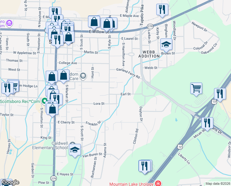 map of restaurants, bars, coffee shops, grocery stores, and more near 507 Earl Street in Scottsboro