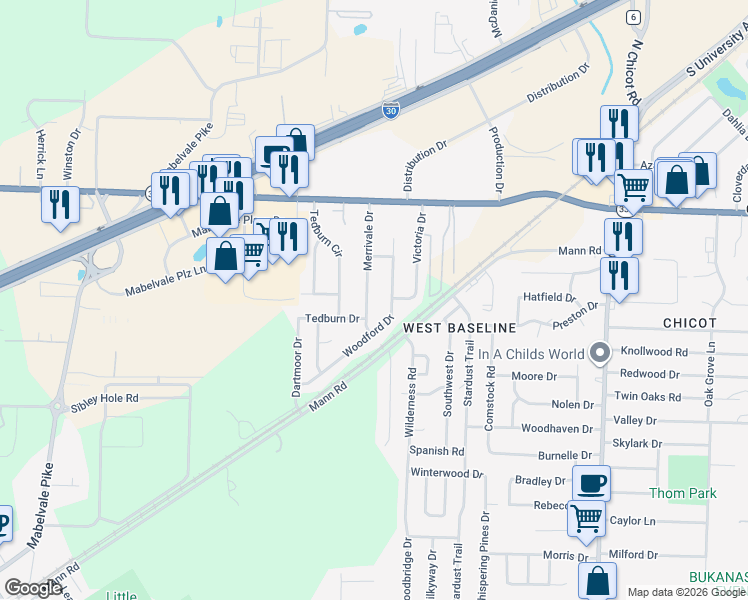 map of restaurants, bars, coffee shops, grocery stores, and more near 9209 Merrivale Drive in Little Rock