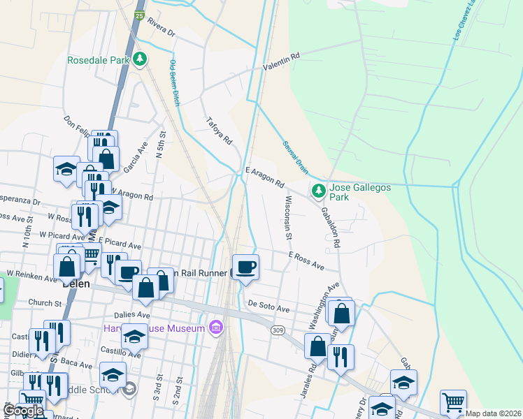 map of restaurants, bars, coffee shops, grocery stores, and more near 621 Campana Avenue in Belen