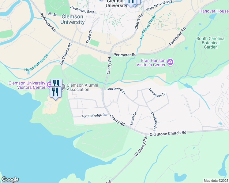 map of restaurants, bars, coffee shops, grocery stores, and more near 98 Crestwood Drive in Clemson