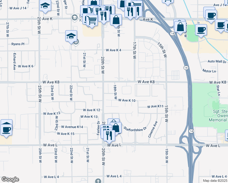 map of restaurants, bars, coffee shops, grocery stores, and more near 1803 West Avenue K 9 in Lancaster