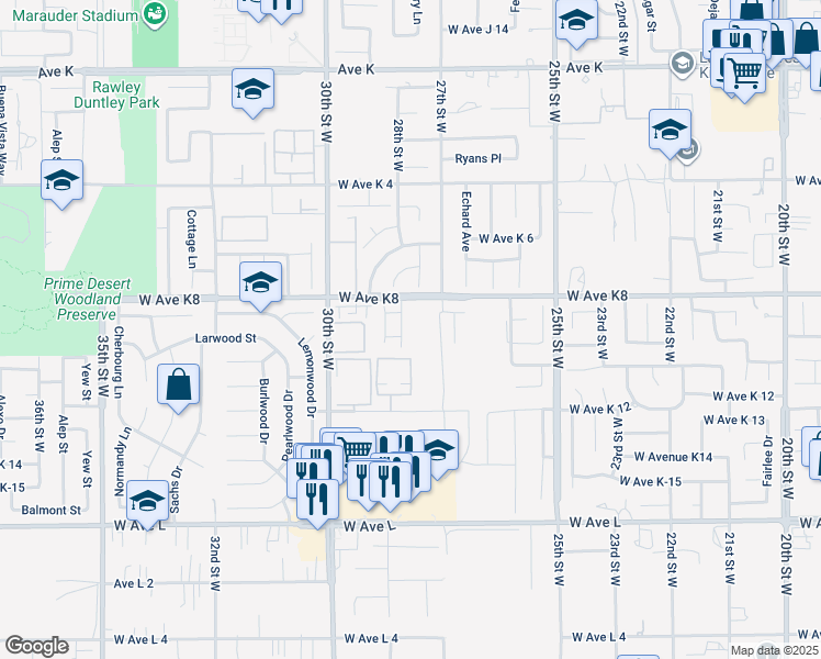 map of restaurants, bars, coffee shops, grocery stores, and more near 43130 28th Street West in Lancaster
