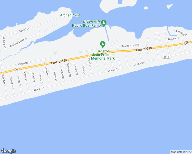 map of restaurants, bars, coffee shops, grocery stores, and more near 6823 Ocean Drive in Emerald Isle
