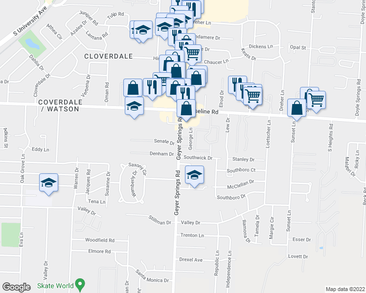 map of restaurants, bars, coffee shops, grocery stores, and more near 8 Gourgues Lane in Little Rock
