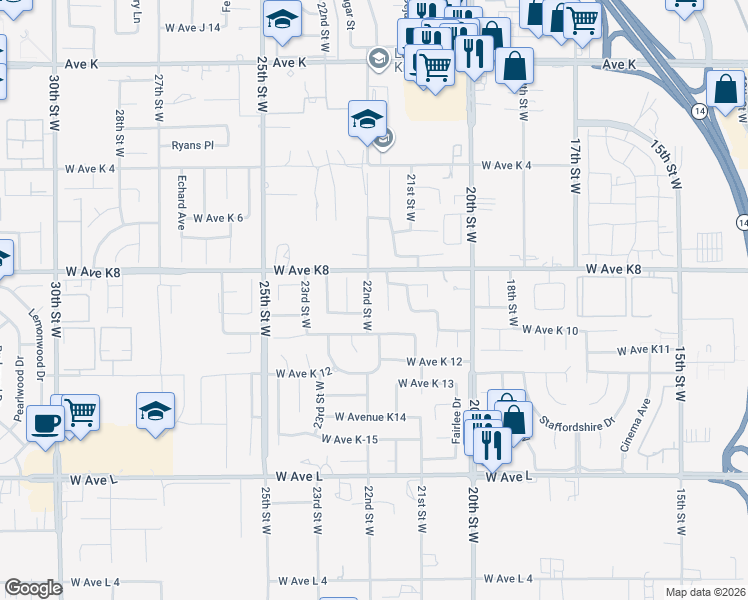 map of restaurants, bars, coffee shops, grocery stores, and more near 43140 22nd Street West in Lancaster