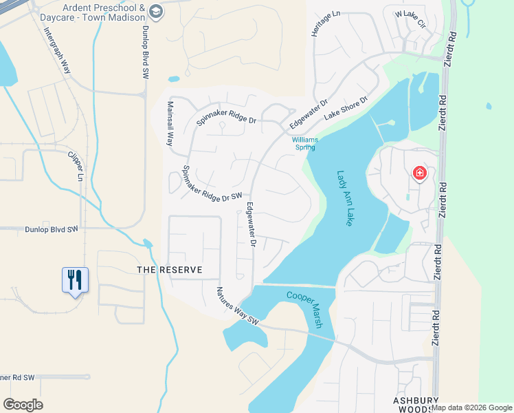 map of restaurants, bars, coffee shops, grocery stores, and more near 126 Lake Pointe Circle Southwest in Huntsville