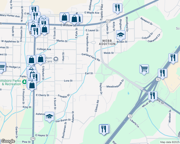 map of restaurants, bars, coffee shops, grocery stores, and more near 519 Earl Street in Scottsboro