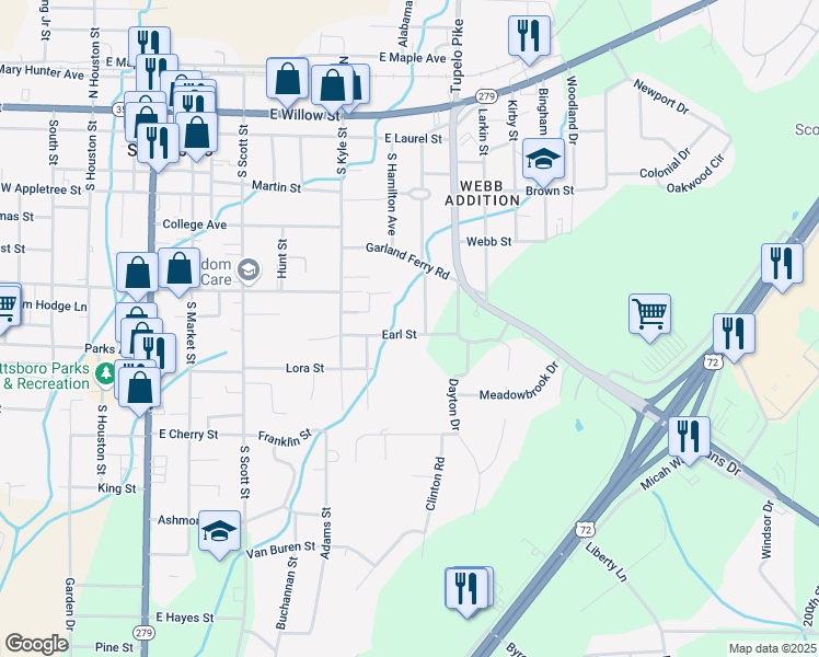 map of restaurants, bars, coffee shops, grocery stores, and more near 519 Earl Street in Scottsboro