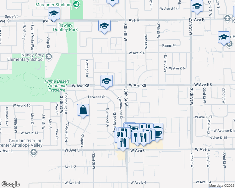map of restaurants, bars, coffee shops, grocery stores, and more near 43116 Lemonwood Drive in Lancaster