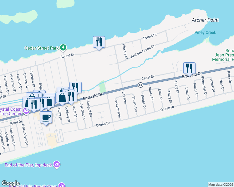 map of restaurants, bars, coffee shops, grocery stores, and more near 127 Jackson Avenue in Emerald Isle