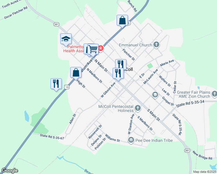 map of restaurants, bars, coffee shops, grocery stores, and more near 207 Marlboro Street in McColl