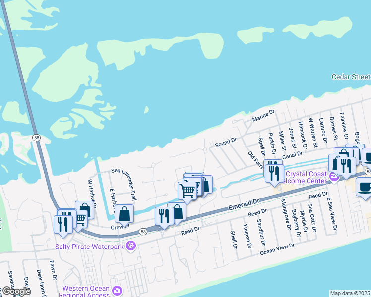 map of restaurants, bars, coffee shops, grocery stores, and more near 8720 Emerald Plantation Road in Emerald Isle