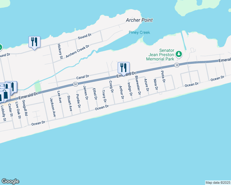 map of restaurants, bars, coffee shops, grocery stores, and more near 110 Craig Drive in Emerald Isle
