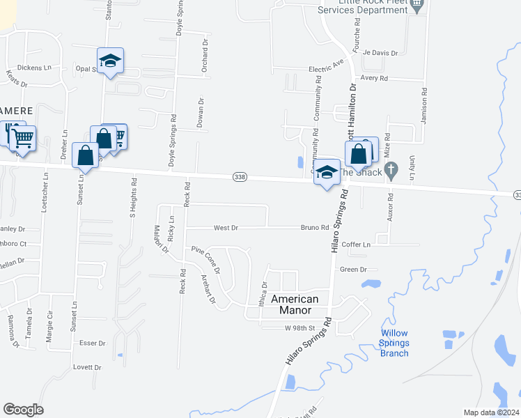 map of restaurants, bars, coffee shops, grocery stores, and more near 4003 Bruno Road in Little Rock