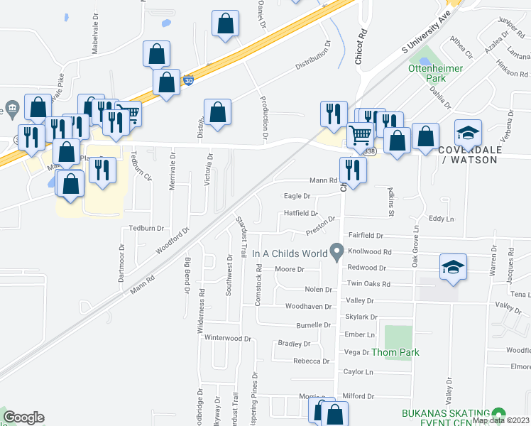 map of restaurants, bars, coffee shops, grocery stores, and more near 34 Hatfield Drive in Little Rock