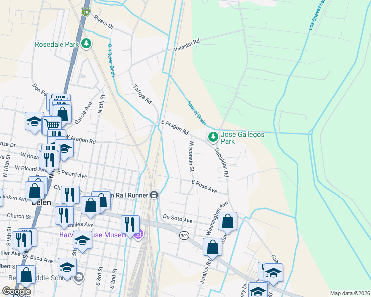 map of restaurants, bars, coffee shops, grocery stores, and more near 620 Campana Avenue in Belen