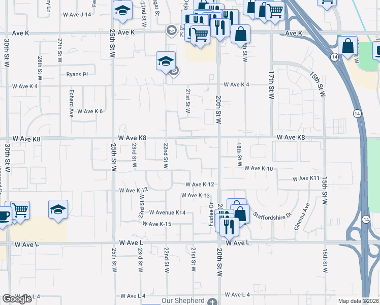 map of restaurants, bars, coffee shops, grocery stores, and more near 43107 21st Street West in Lancaster