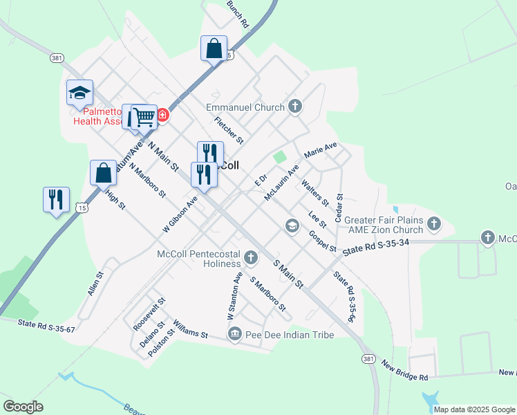 map of restaurants, bars, coffee shops, grocery stores, and more near 323 East McLaurin Avenue in McColl