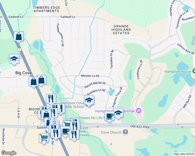 map of restaurants, bars, coffee shops, grocery stores, and more near 2726 Whistler Lane Southeast in Owens Cross Roads