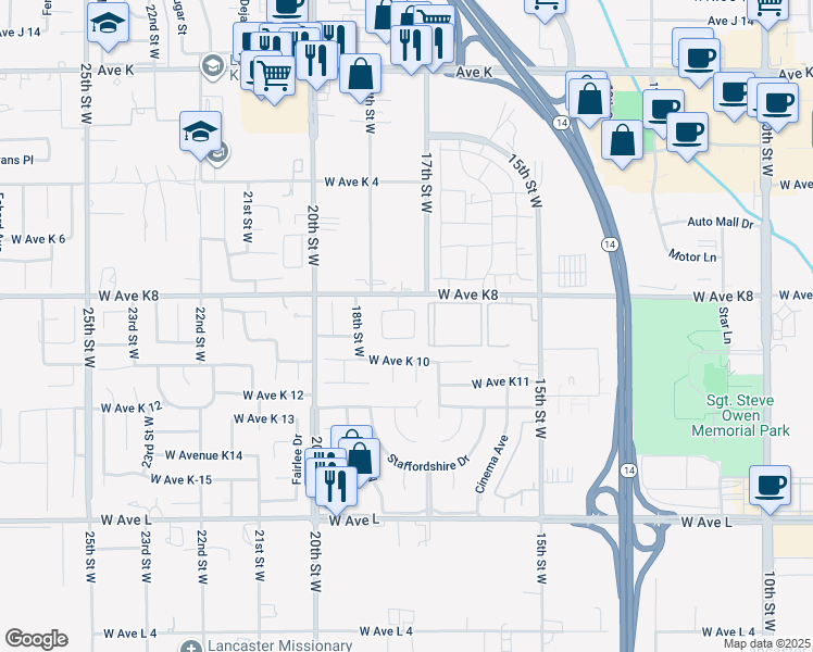 map of restaurants, bars, coffee shops, grocery stores, and more near 43111 Weyand Court in Lancaster