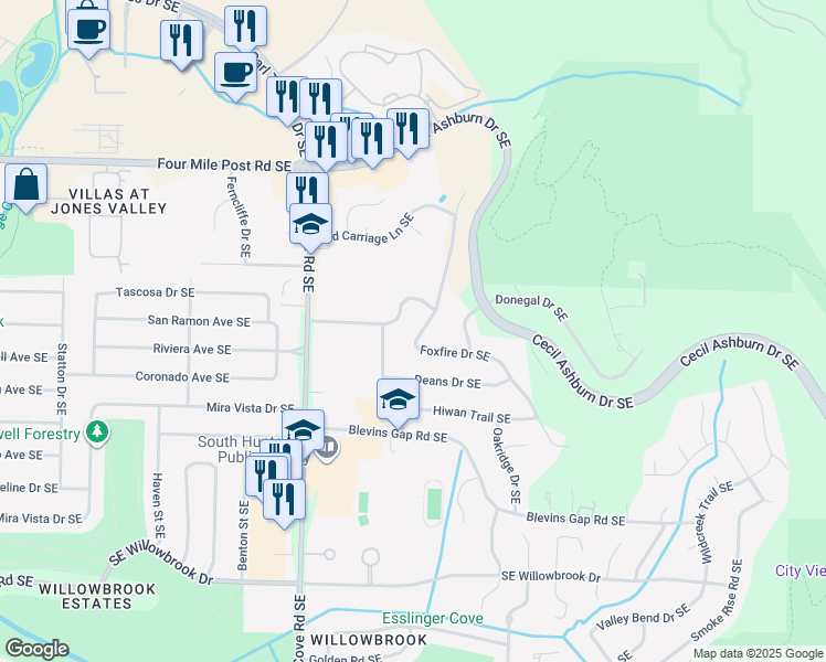 map of restaurants, bars, coffee shops, grocery stores, and more near 7704 Foxfire Drive Southeast in Huntsville