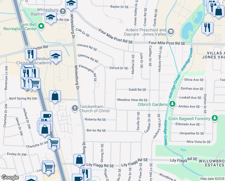 map of restaurants, bars, coffee shops, grocery stores, and more near 7800 Martha Drive Southeast in Huntsville