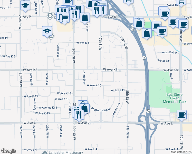 map of restaurants, bars, coffee shops, grocery stores, and more near 43111 Weyand Court in Lancaster
