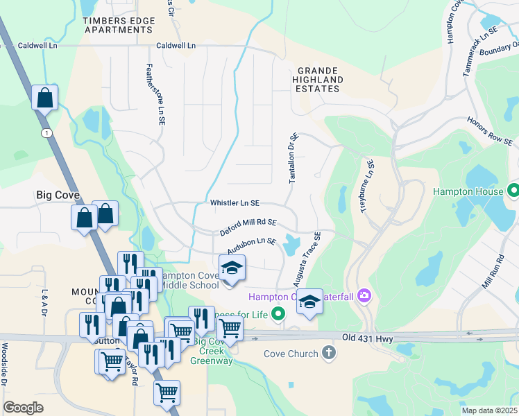 map of restaurants, bars, coffee shops, grocery stores, and more near 2726 Whistler Lane Southeast in Owens Cross Roads