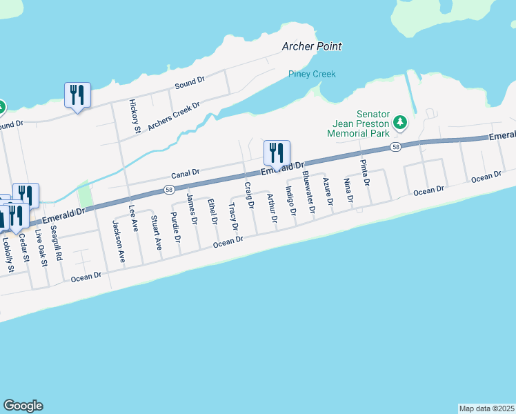map of restaurants, bars, coffee shops, grocery stores, and more near 110 Craig Drive in Emerald Isle