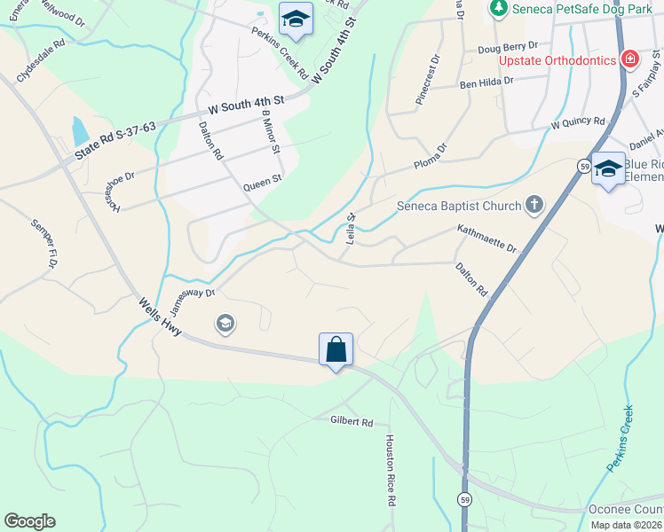 map of restaurants, bars, coffee shops, grocery stores, and more near 501 Dalton Road in Seneca