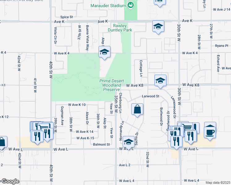 map of restaurants, bars, coffee shops, grocery stores, and more near 35th Street West in Lancaster