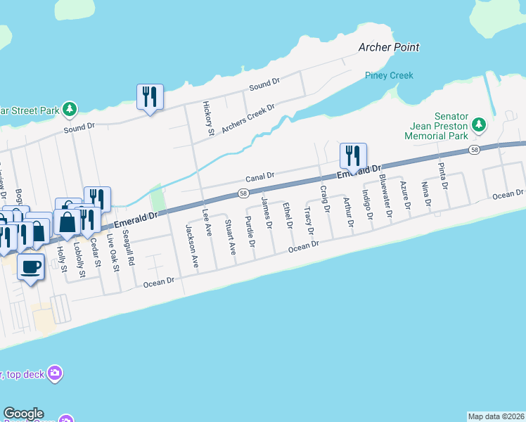 map of restaurants, bars, coffee shops, grocery stores, and more near 119 James Drive in Emerald Isle