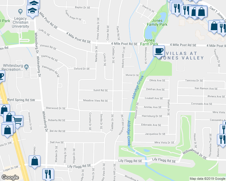 map of restaurants, bars, coffee shops, grocery stores, and more near 701 Suhill Road Southeast in Huntsville