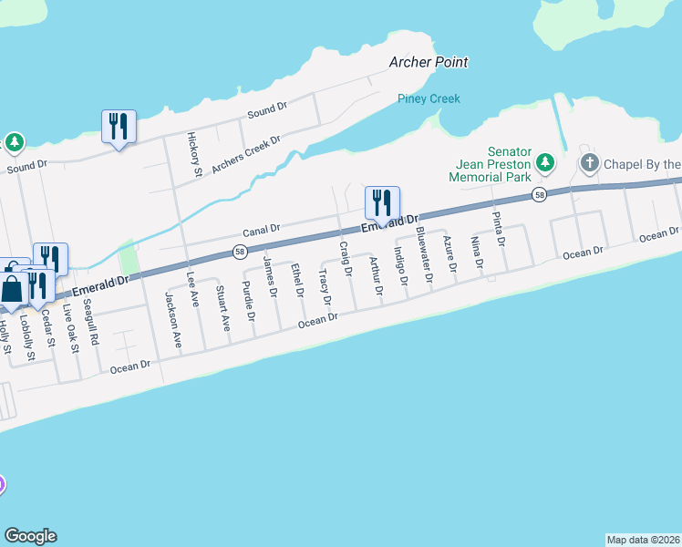 map of restaurants, bars, coffee shops, grocery stores, and more near 110 Tracy Drive in Emerald Isle