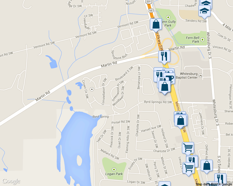 map of restaurants, bars, coffee shops, grocery stores, and more near 2138 Greenwood Place Southwest in Huntsville