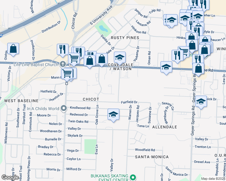 map of restaurants, bars, coffee shops, grocery stores, and more near 7008 Eddy Lane in Little Rock