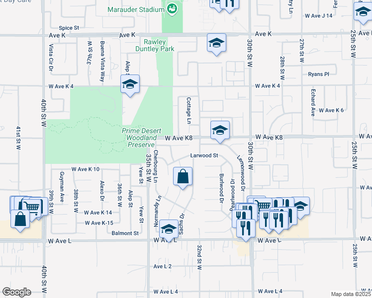 map of restaurants, bars, coffee shops, grocery stores, and more near 3234 Monte Carlo Court in Lancaster