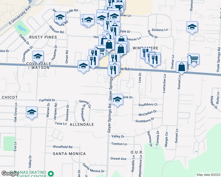 map of restaurants, bars, coffee shops, grocery stores, and more near 8 Gourgues Lane in Little Rock