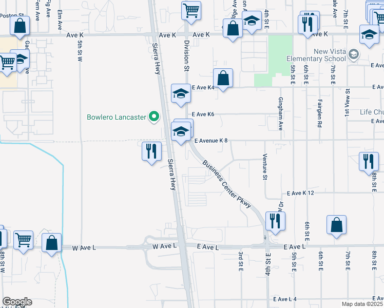 map of restaurants, bars, coffee shops, grocery stores, and more near 60 East Avenue K 8 in Lancaster