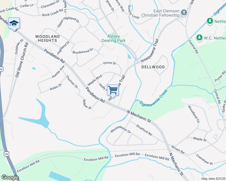 map of restaurants, bars, coffee shops, grocery stores, and more near 224 Holly Avenue in Clemson
