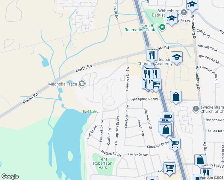 map of restaurants, bars, coffee shops, grocery stores, and more near 2138 Greenwood Place Southwest in Huntsville
